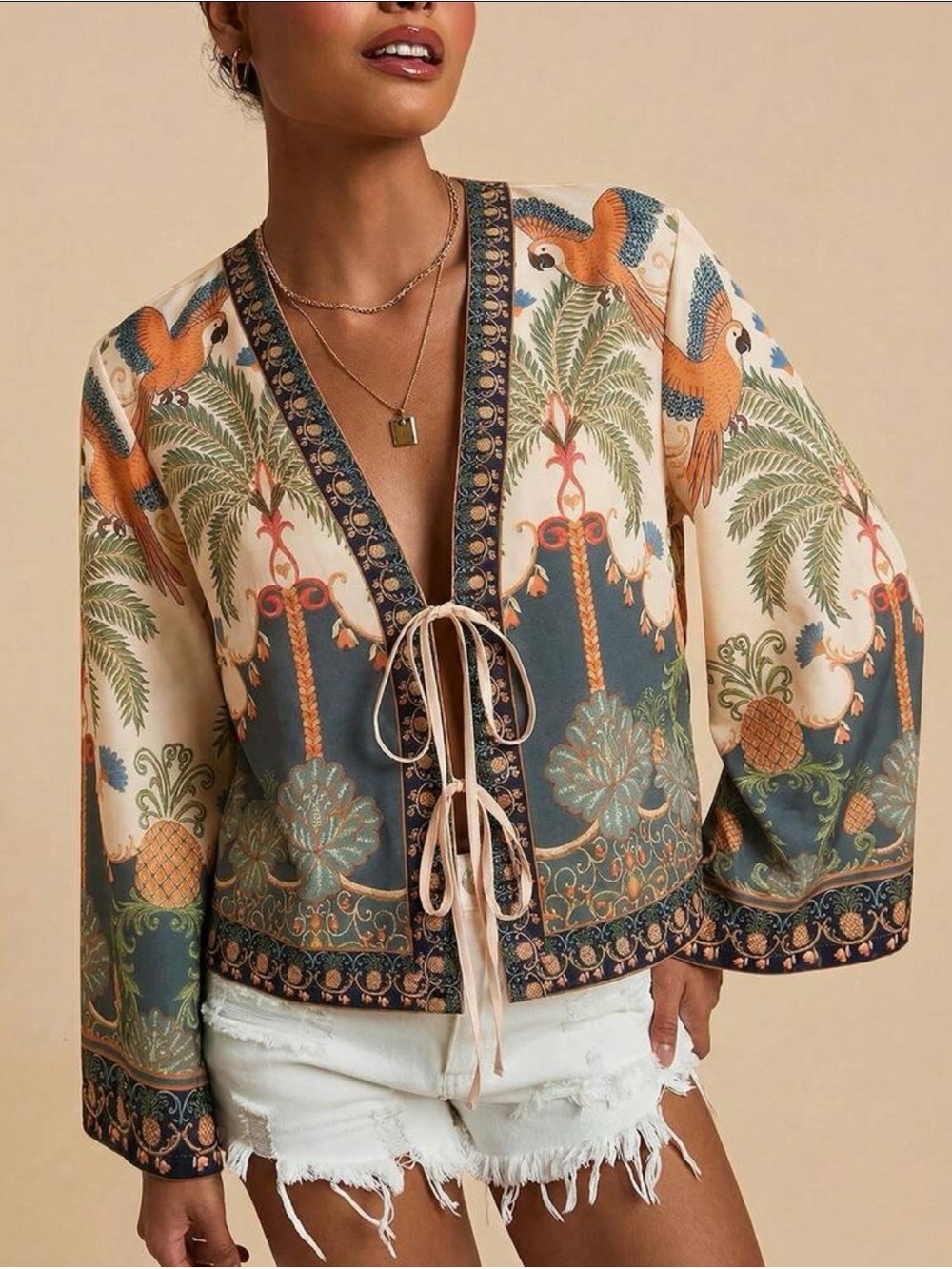Shein Travachic Woven Printed Long Sleeve Cropped Loose Blouse Large NWT!